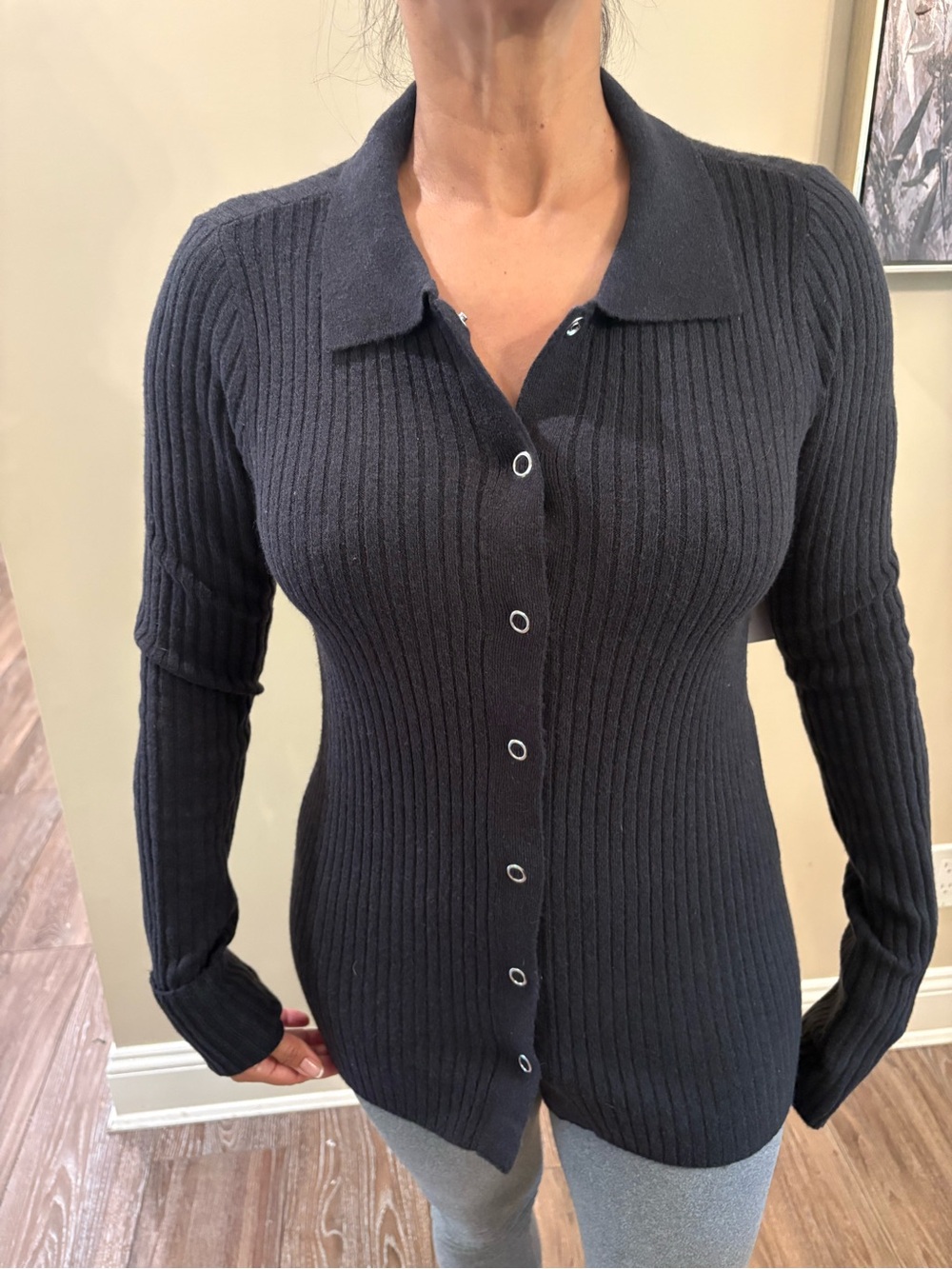 Spiritual Gangster NWT Black Ribbed Button-Up Collared Cardigan